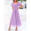 imagePRETTYGARDEN Womens Smocked Midi Tulle Dress 2026 Summer Puffy Short Sleeve Square Neck Ruffle Wedding Guest Party DressesLight Purple