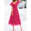 imagePRETTYGARDEN Womens Smocked Midi Tulle Dress 2026 Summer Puffy Short Sleeve Square Neck Ruffle Wedding Guest Party DressesRose Red