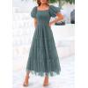 imagePRETTYGARDEN Womens Smocked Midi Tulle Dress 2026 Summer Puffy Short Sleeve Square Neck Ruffle Wedding Guest Party DressesSage Green