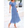 imagePRETTYGARDEN Womens Smocked Midi Tulle Dress 2026 Summer Puffy Short Sleeve Square Neck Ruffle Wedding Guest Party DressesSky Blue