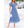 imagePRETTYGARDEN Womens Smocked Midi Tulle Dress 2026 Summer Puffy Short Sleeve Square Neck Ruffle Wedding Guest Party DressesSky Blue