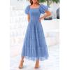imagePRETTYGARDEN Womens Smocked Midi Tulle Dress 2026 Summer Puffy Short Sleeve Square Neck Ruffle Wedding Guest Party DressesSky Blue