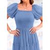 imagePRETTYGARDEN Womens Smocked Midi Tulle Dress 2026 Summer Puffy Short Sleeve Square Neck Ruffle Wedding Guest Party DressesSky Blue