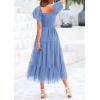 imagePRETTYGARDEN Womens Smocked Midi Tulle Dress 2026 Summer Puffy Short Sleeve Square Neck Ruffle Wedding Guest Party DressesSky Blue