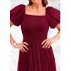 imagePRETTYGARDEN Womens Smocked Midi Tulle Dress 2026 Summer Puffy Short Sleeve Square Neck Ruffle Wedding Guest Party DressesWine Red