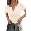 imagePRETTYGARDEN Womens Summer Short Sleeve Tops 2026 Spring Casual V Neck Henley Button Up T Shirts Dressy Ribbed Knit BlousesBeige