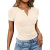 imagePRETTYGARDEN Womens Summer Short Sleeve Tops 2026 Spring Casual V Neck Henley Button Up T Shirts Dressy Ribbed Knit BlousesBeige