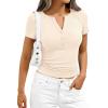 imagePRETTYGARDEN Womens Summer Short Sleeve Tops 2026 Spring Casual V Neck Henley Button Up T Shirts Dressy Ribbed Knit BlousesBeige