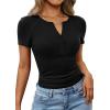 imagePRETTYGARDEN Womens Summer Short Sleeve Tops 2026 Spring Casual V Neck Henley Button Up T Shirts Dressy Ribbed Knit BlousesBlack