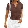 imagePRETTYGARDEN Womens Summer Short Sleeve Tops 2026 Spring Casual V Neck Henley Button Up T Shirts Dressy Ribbed Knit BlousesBrown