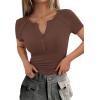 imagePRETTYGARDEN Womens Summer Short Sleeve Tops 2026 Spring Casual V Neck Henley Button Up T Shirts Dressy Ribbed Knit BlousesBrown