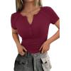 imagePRETTYGARDEN Womens Summer Short Sleeve Tops 2026 Spring Casual V Neck Henley Button Up T Shirts Dressy Ribbed Knit BlousesBurgundy