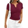 imagePRETTYGARDEN Womens Summer Short Sleeve Tops 2026 Spring Casual V Neck Henley Button Up T Shirts Dressy Ribbed Knit BlousesBurgundy