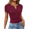 imagePRETTYGARDEN Womens Summer Short Sleeve Tops 2026 Spring Casual V Neck Henley Button Up T Shirts Dressy Ribbed Knit BlousesBurgundy