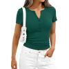 imagePRETTYGARDEN Womens Summer Short Sleeve Tops 2026 Spring Casual V Neck Henley Button Up T Shirts Dressy Ribbed Knit BlousesDark Green