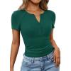imagePRETTYGARDEN Womens Summer Short Sleeve Tops 2026 Spring Casual V Neck Henley Button Up T Shirts Dressy Ribbed Knit BlousesDark Green