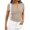 imagePRETTYGARDEN Womens Summer Short Sleeve Tops 2026 Spring Casual V Neck Henley Button Up T Shirts Dressy Ribbed Knit BlousesLight Khaki