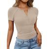 imagePRETTYGARDEN Womens Summer Short Sleeve Tops 2026 Spring Casual V Neck Henley Button Up T Shirts Dressy Ribbed Knit BlousesLight Khaki
