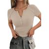 imagePRETTYGARDEN Womens Summer Short Sleeve Tops 2026 Spring Casual V Neck Henley Button Up T Shirts Dressy Ribbed Knit BlousesLight Khaki
