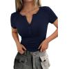 imagePRETTYGARDEN Womens Summer Short Sleeve Tops 2026 Spring Casual V Neck Henley Button Up T Shirts Dressy Ribbed Knit BlousesNavy