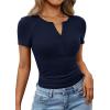 imagePRETTYGARDEN Womens Summer Short Sleeve Tops 2026 Spring Casual V Neck Henley Button Up T Shirts Dressy Ribbed Knit BlousesNavy