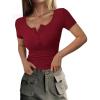 imagePRETTYGARDEN Womens 2026 Fall Summer Short Sleeve Tops Ribbed Henley Button Slim Fit Basic Casual T Shirts Blouse ClothingWine Red