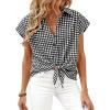 imagePRETTYGARDEN Womens Button Down Shirts V Neck Short Cap Sleeve Collared Plaid Tops 2026 Summer Spring Casual Blouses ClothesBlack