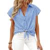 imagePRETTYGARDEN Womens Button Down Shirts V Neck Short Cap Sleeve Collared Plaid Tops 2026 Summer Spring Casual Blouses ClothesBlue