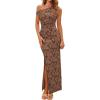 imagePRETTYGARDEN Womens Floral One Shoulder Maxi Dress 2026 Summer Spring Bodycon Ruched Side Slit Elegant Cocktail Party DressesBrown