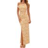 imagePRETTYGARDEN Womens Floral One Shoulder Maxi Dress 2026 Summer Spring Bodycon Ruched Side Slit Elegant Cocktail Party DressesKhaki