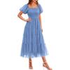 imagePRETTYGARDEN Womens Smocked Midi Tulle Dress 2026 Summer Puffy Short Sleeve Square Neck Ruffle Wedding Guest Party DressesSky Blue