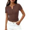 imagePRETTYGARDEN Womens Summer Short Sleeve Tops 2026 Spring Casual V Neck Henley Button Up T Shirts Dressy Ribbed Knit BlousesBrown