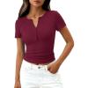 imagePRETTYGARDEN Womens Summer Short Sleeve Tops 2026 Spring Casual V Neck Henley Button Up T Shirts Dressy Ribbed Knit BlousesBurgundy