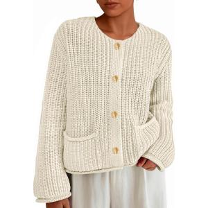 imagePRETTYGARDEN Cardigan Sweaters for Women 2026 Trendy Oversized Knit Chunky Button Cardigans Fall Winter Outfits with PocketsBeige