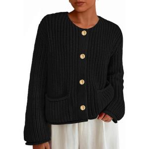 imagePRETTYGARDEN Cardigan Sweaters for Women 2026 Trendy Oversized Knit Chunky Button Cardigans Fall Winter Outfits with PocketsBlack