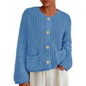 imagePRETTYGARDEN Cardigan Sweaters for Women 2026 Trendy Oversized Knit Chunky Button Cardigans Fall Winter Outfits with PocketsBlue