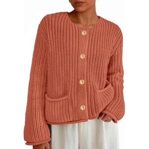 imagePRETTYGARDEN Cardigan Sweaters for Women 2026 Trendy Oversized Knit Chunky Button Cardigans Fall Winter Outfits with PocketsBrick Red