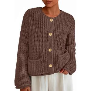 imagePRETTYGARDEN Cardigan Sweaters for Women 2026 Trendy Oversized Knit Chunky Button Cardigans Fall Winter Outfits with PocketsCoffee