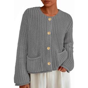 imagePRETTYGARDEN Cardigan Sweaters for Women 2026 Trendy Oversized Knit Chunky Button Cardigans Fall Winter Outfits with PocketsGrey