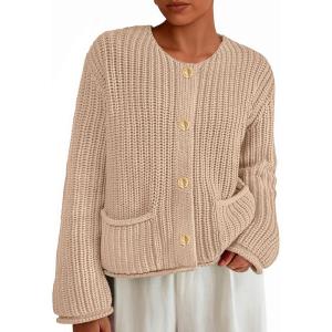 imagePRETTYGARDEN Cardigan Sweaters for Women 2026 Trendy Oversized Knit Chunky Button Cardigans Fall Winter Outfits with PocketsKhaki