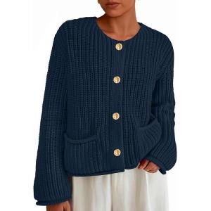 imagePRETTYGARDEN Cardigan Sweaters for Women 2026 Trendy Oversized Knit Chunky Button Cardigans Fall Winter Outfits with PocketsNavy