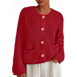 imagePRETTYGARDEN Cardigan Sweaters for Women 2026 Trendy Oversized Knit Chunky Button Cardigans Fall Winter Outfits with PocketsRed