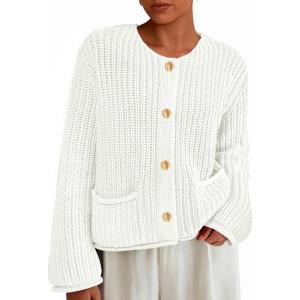 imagePRETTYGARDEN Cardigan Sweaters for Women 2026 Trendy Oversized Knit Chunky Button Cardigans Fall Winter Outfits with PocketsWhite