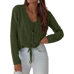 imagePRETTYGARDEN Crochet Cardigan Sweaters for Women Trendy Spring Summer Long Sleeve Tie Front Tops Boho Beach Vacation ClothesArmy Green