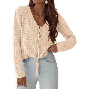 imagePRETTYGARDEN Crochet Cardigan Sweaters for Women Trendy Spring Summer Long Sleeve Tie Front Tops Boho Beach Vacation ClothesBeige