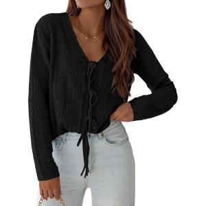 imagePRETTYGARDEN Crochet Cardigan Sweaters for Women Trendy Spring Summer Long Sleeve Tie Front Tops Boho Beach Vacation ClothesBlack