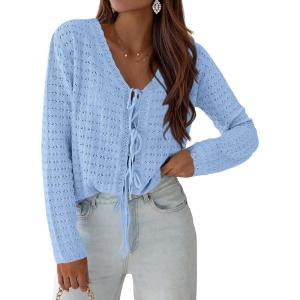 imagePRETTYGARDEN Crochet Cardigan Sweaters for Women Trendy Spring Summer Long Sleeve Tie Front Tops Boho Beach Vacation ClothesLight Blue