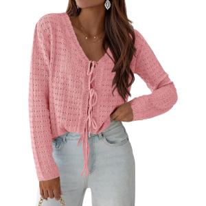 imagePRETTYGARDEN Crochet Cardigan Sweaters for Women Trendy Spring Summer Long Sleeve Tie Front Tops Boho Beach Vacation ClothesPink