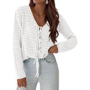 imagePRETTYGARDEN Crochet Cardigan Sweaters for Women Trendy Spring Summer Long Sleeve Tie Front Tops Boho Beach Vacation ClothesWhite