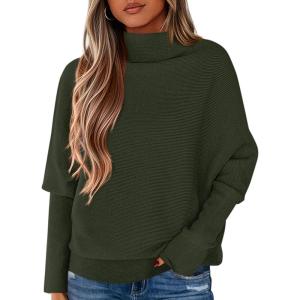 imagePRETTYGARDEN Fall Sweaters for Women 2026 Winter Clothing Batwing Sleeve Casual Loose Knit Turtleneck Sweater Holiday OutfitsArmy Green
